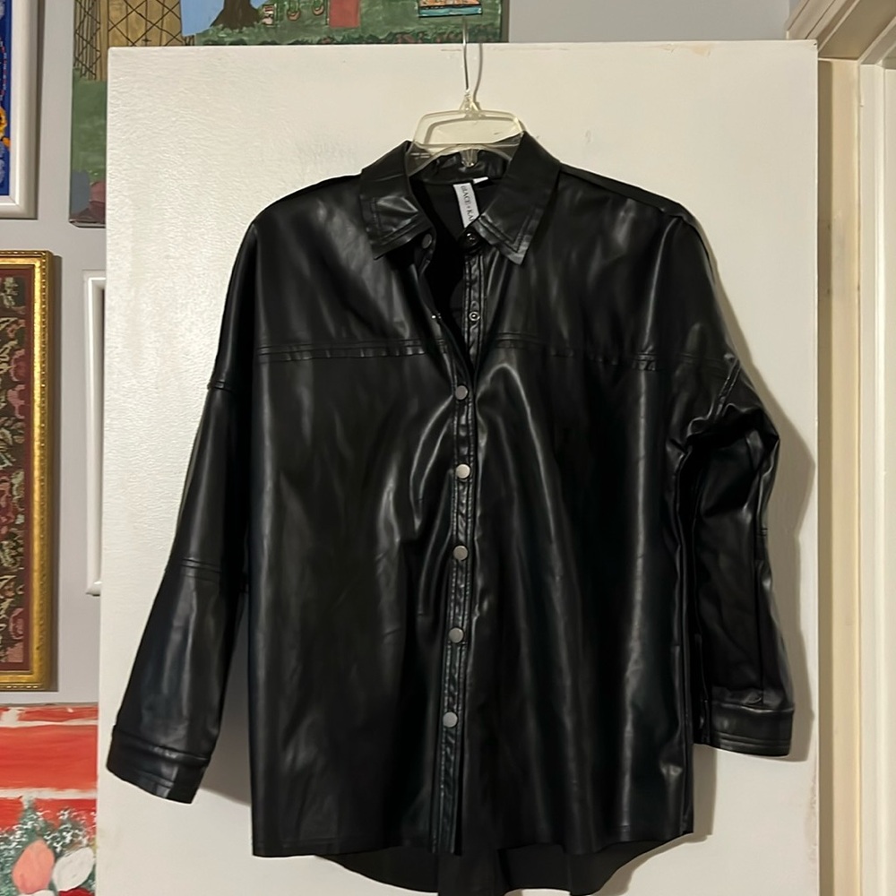 Grace + Karma black faux leather lightweight shacket